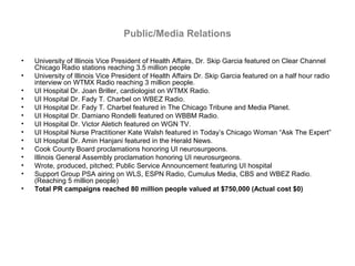 Public/Media Relations

•   University of Illinois Vice President of Health Affairs, Dr. Skip Garcia featured on Clear Channel
    Chicago Radio stations reaching 3.5 million people
•   University of Illinois Vice President of Health Affairs Dr. Skip Garcia featured on a half hour radio
    interview on WTMX Radio reaching 3 million people.
•   UI Hospital Dr. Joan Briller, cardiologist on WTMX Radio.
•   UI Hospital Dr. Fady T. Charbel on WBEZ Radio.
•   UI Hospital Dr. Fady T. Charbel featured in The Chicago Tribune and Media Planet.
•   UI Hospital Dr. Damiano Rondelli featured on WBBM Radio.
•   UI Hospital Dr. Victor Aletich featured on WGN TV.
•   UI Hospital Nurse Practitioner Kate Walsh featured in Today’s Chicago Woman “Ask The Expert”
•   UI Hospital Dr. Amin Hanjani featured in the Herald News.
•   Cook County Board proclamations honoring UI neurosurgeons.
•   Illinois General Assembly proclamation honoring UI neurosurgeons.
•   Wrote, produced, pitched; Public Service Announcement featuring UI hospital
•   Support Group PSA airing on WLS, ESPN Radio, Cumulus Media, CBS and WBEZ Radio.
    (Reaching 5 million people)
•   Total PR campaigns reached 80 million people valued at $750,000 (Actual cost $0)
 
