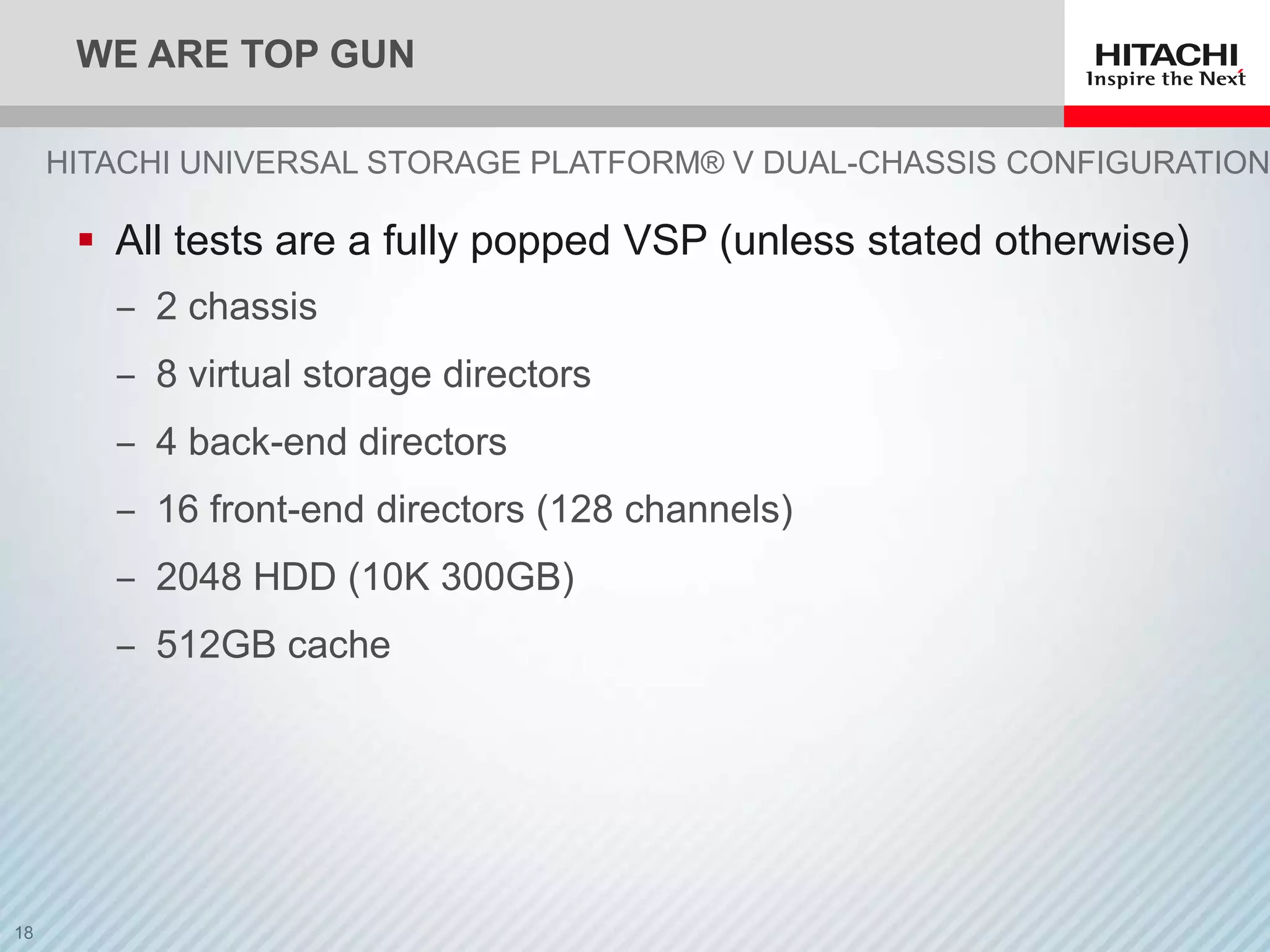 WE ARE TOP GUN

HITACHI UNIVERSAL STORAGE PLATFORM® V DUAL-CHASSIS CONFIGURATION

  All tests are a fully popped VSP (unless stated otherwise)
   ‒ 2 chassis
   ‒ 8 virtual storage directors
   ‒ 4 back-end directors
   ‒ 16 front-end directors (128 channels)
   ‒ 2048 HDD (10K 300GB)
   ‒ 512GB cache
 