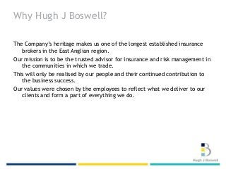 Why Hugh J Boswell?
The Company’s heritage makes us one of the longest established insurance
brokers in the East Anglian region.
Our mission is to be the trusted advisor for insurance and risk management in
the communities in which we trade.
This will only be realised by our people and their continued contribution to
the business success.
Our values were chosen by the employees to reflect what we deliver to our
clients and form a part of everything we do.
 