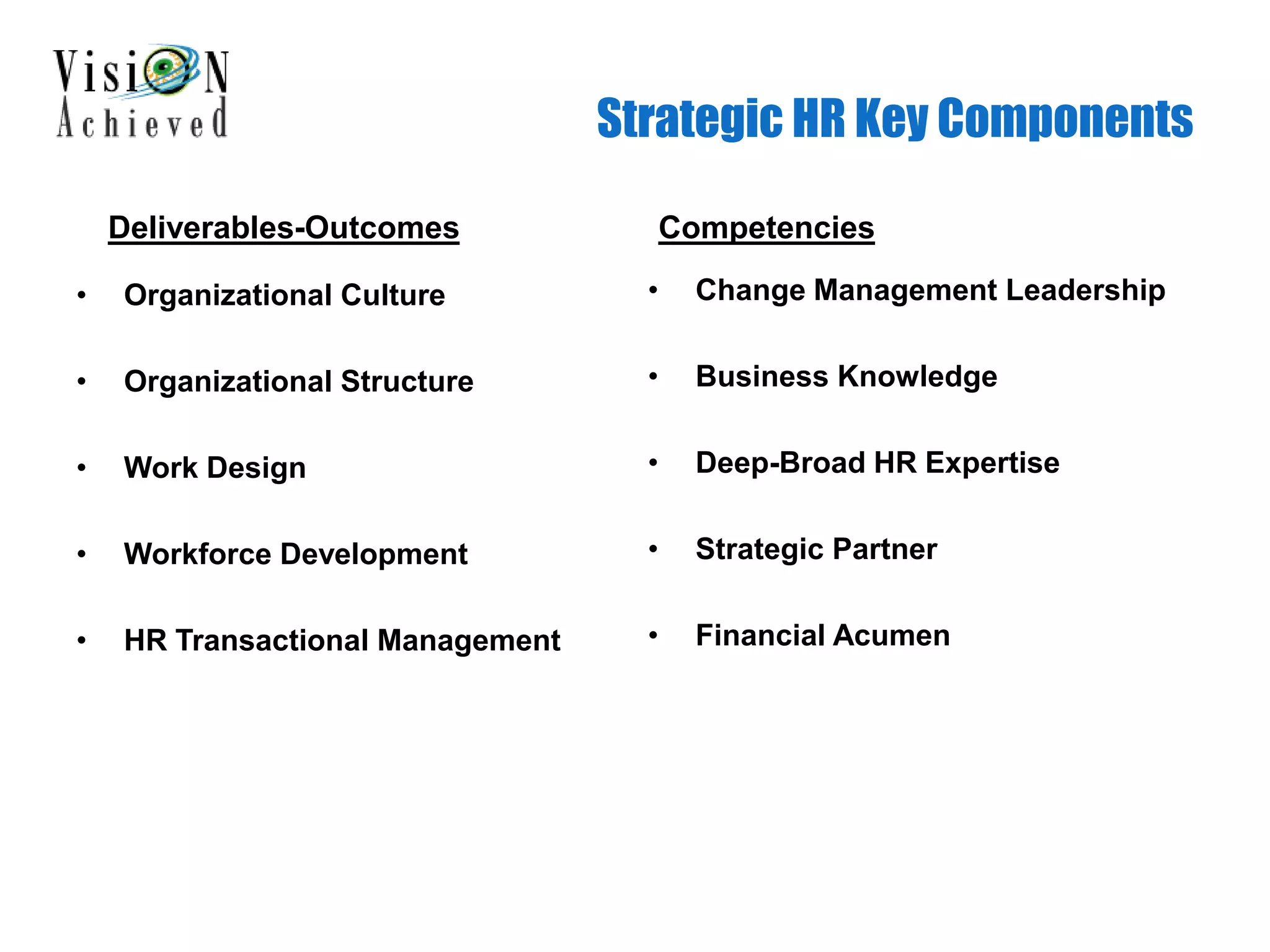 Strategic HR Key Components
• Organizational Culture
• Organizational Structure
• Work Design
• Workforce Development
• HR Transactional Management
• Change Management Leadership
• Business Knowledge
• Deep-Broad HR Expertise
• Strategic Partner
• Financial Acumen
CompetenciesDeliverables-Outcomes
 