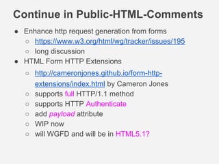 Continue in Public-HTML-Comments
● Enhance http request generation from forms
○ https://www.w3.org/html/wg/tracker/issues/195
○ long discussion
● HTML Form HTTP Extensions
○ http://cameronjones.github.io/form-http-
extensions/index.html by Cameron Jones
○ supports full HTTP/1.1 method
○ supports HTTP Authenticate
○ add payload attribute
○ WIP now
○ will WGFD and will be in HTML5.1?
 