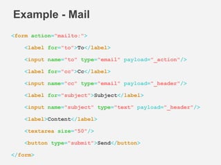 Example - Mail
<form action="mailto:">
<label for="to">To</label>
<input name="to" type="email" payload="_action"/>
<label for="cc">Cc</label>
<input name="cc" type="email" payload="_header"/>
<label for="subject">Subject</label>
<input name="subject" type="text" payload="_header"/>
<label>Content</label>
<textarea size="50"/>
<button type="submit">Send</button>
</form>
 