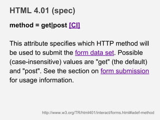 HTML 4.01 (spec)
method = get|post [CI]
This attribute specifies which HTTP method will
be used to submit the form data set. Possible
(case-insensitive) values are "get" (the default)
and "post". See the section on form submission
for usage information.
http://www.w3.org/TR/html401/interact/forms.html#adef-method
 