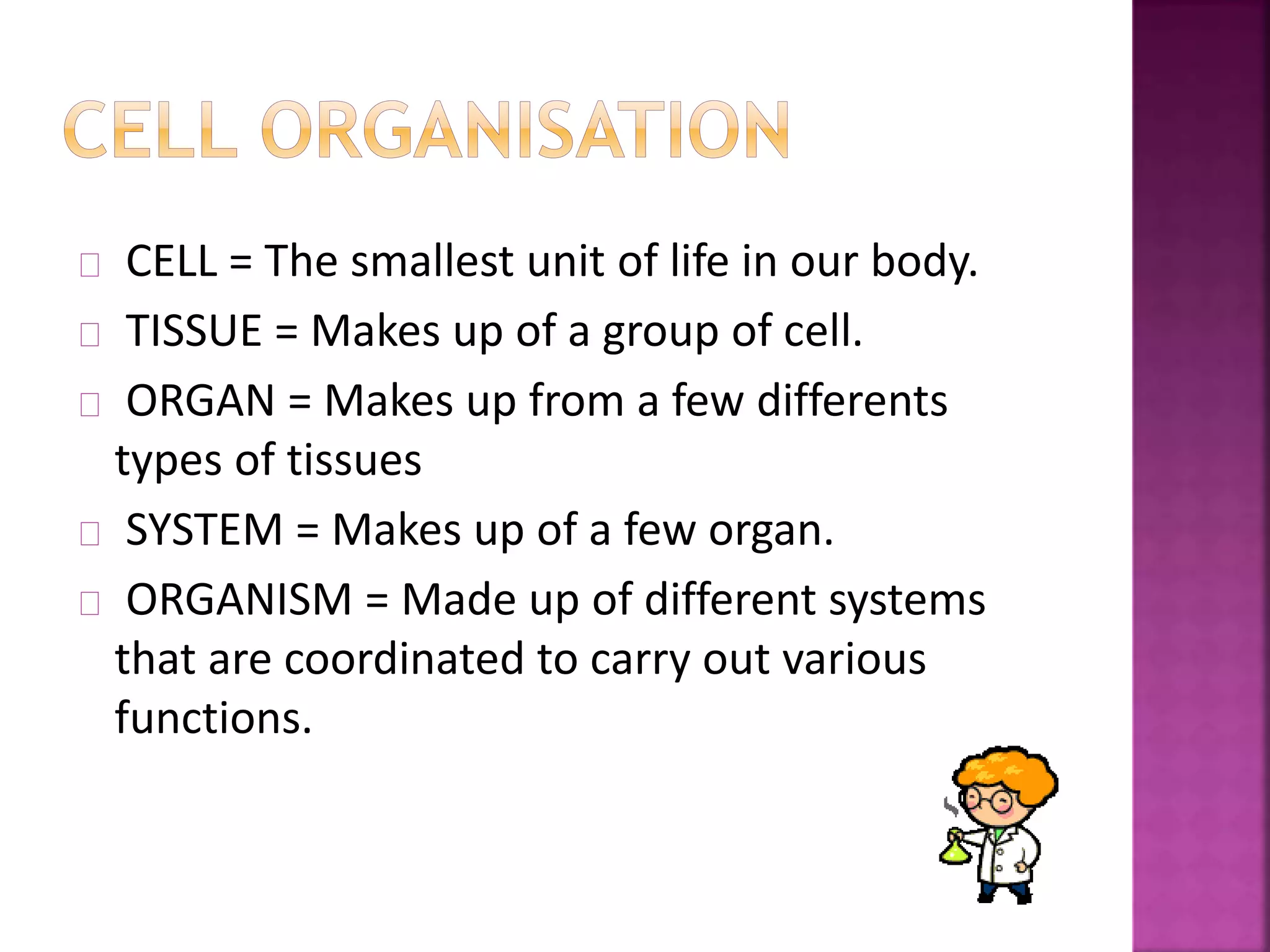 CELL = The smallest unit of life in our body. 
TISSUE = Makes up of a group of cell. 
ORGAN = Makes up from a few differents 
types of tissues 
SYSTEM = Makes up of a few organ. 
ORGANISM = Made up of different systems 
that are coordinated to carry out various 
functions. 
 