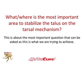 What/where is the most important
area to stabilize the talus on the
tarsal mechanism?
This is about the most important question that can be
asked as this is what we are trying to achieve.
 
