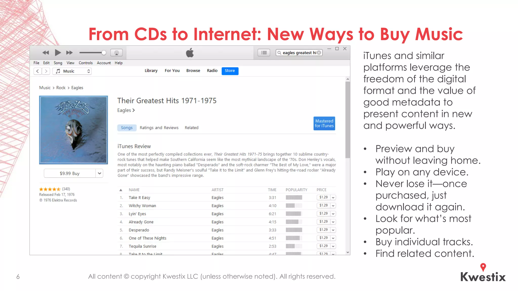 All content © copyright Kwestix LLC (unless otherwise noted). All rights reserved.6
From CDs to Internet: New Ways to Buy Music
iTunes and similar
platforms leverage the
freedom of the digital
format and the value of
good metadata to
present content in new
and powerful ways.
• Preview and buy
without leaving home.
• Play on any device.
• Never lose it—once
purchased, just
download it again.
• Look for what’s most
popular.
• Buy individual tracks.
• Find related content.
 