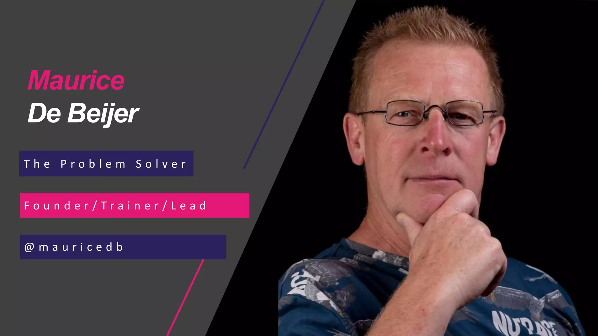 T h e P r o b l e m S o l v e r
F o u n d e r / T r a i n e r / L e a d
@ m a u r i c e d b
Maurice
De Beijer
 
