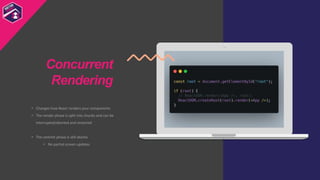 • Changes how React renders your components
• The render phase is split into chunks and can be
interrupted/aborted and res...