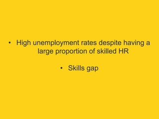• High unemployment rates despite having a 
large proportion of skilled HR 
• Skills gap 
 