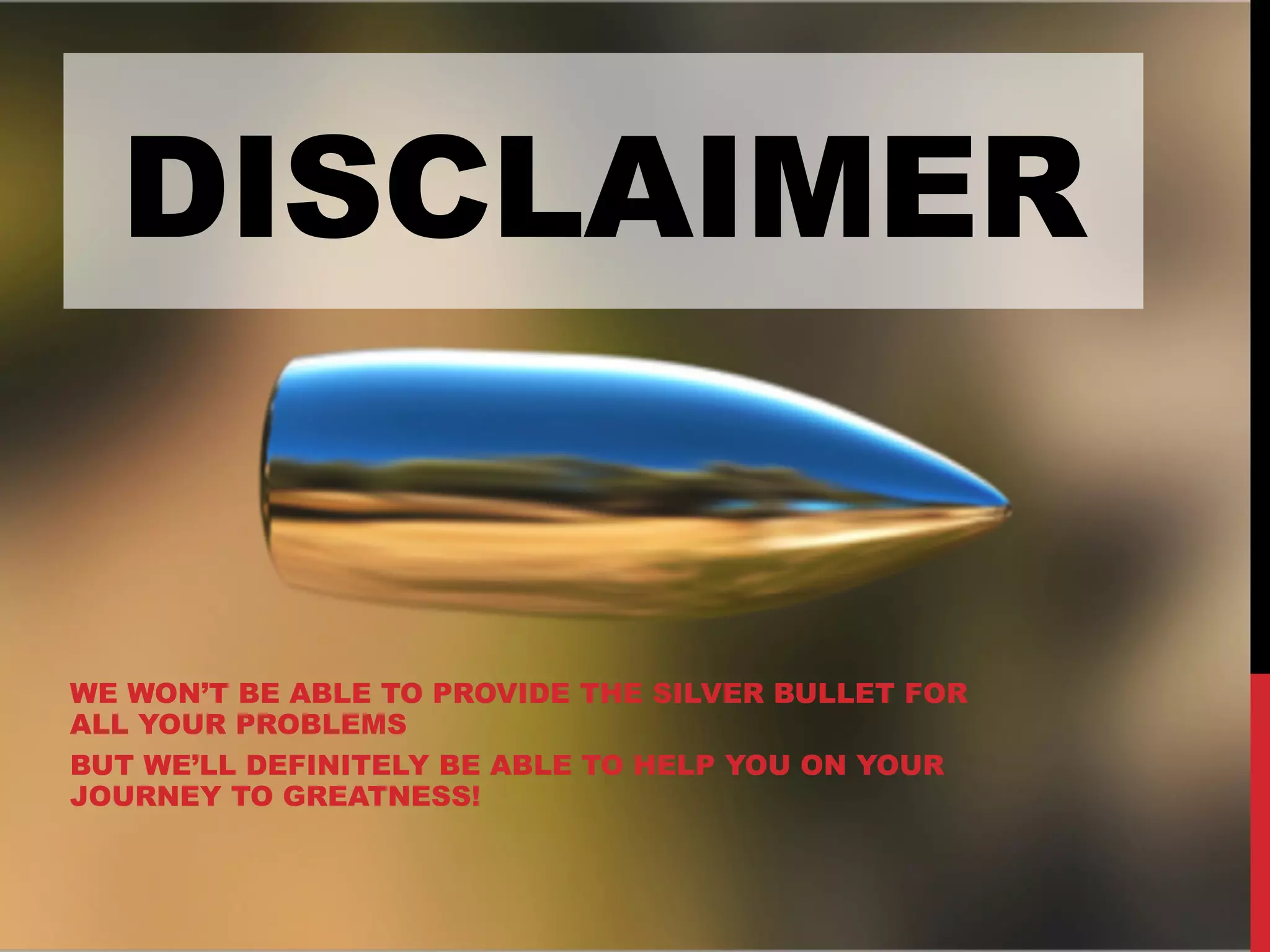 WE WON’T BE ABLE TO PROVIDE THE SILVER BULLET FOR
ALL YOUR PROBLEMS
BUT WE’LL DEFINITELY BE ABLE TO HELP YOU ON YOUR
JOURNEY TO GREATNESS!
DISCLAIMER
 