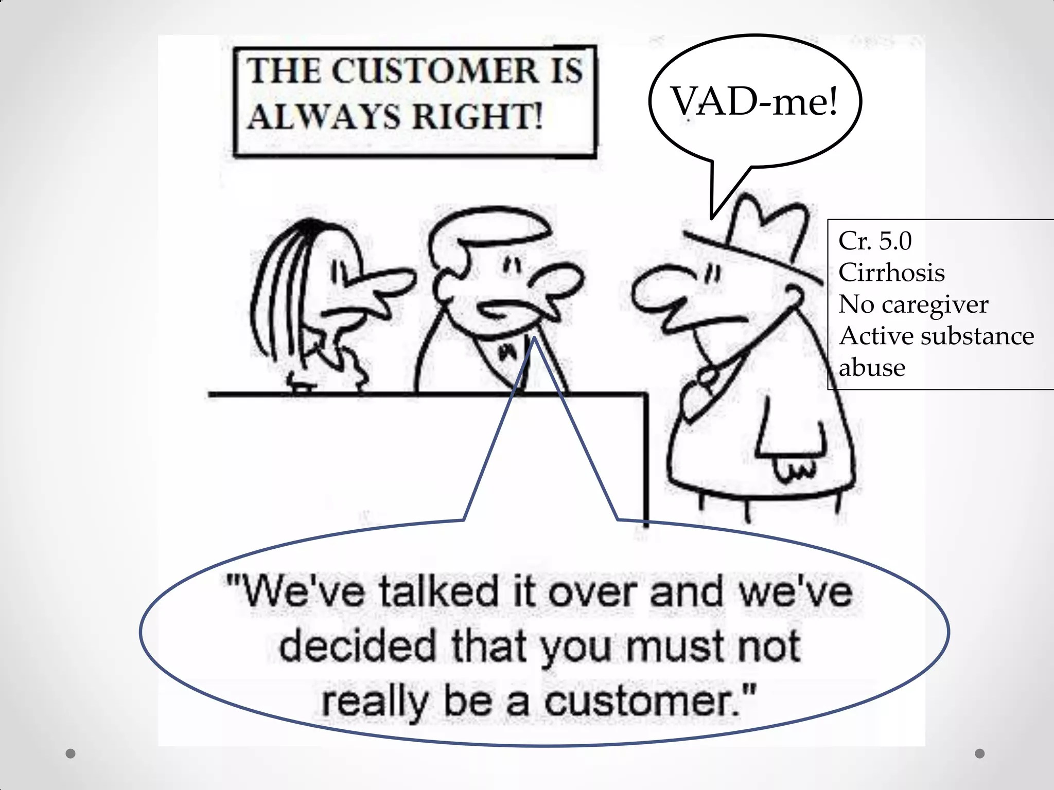 VAD-me!
Cr. 5.0
Cirrhosis
No caregiver
Active substance
abuse
 