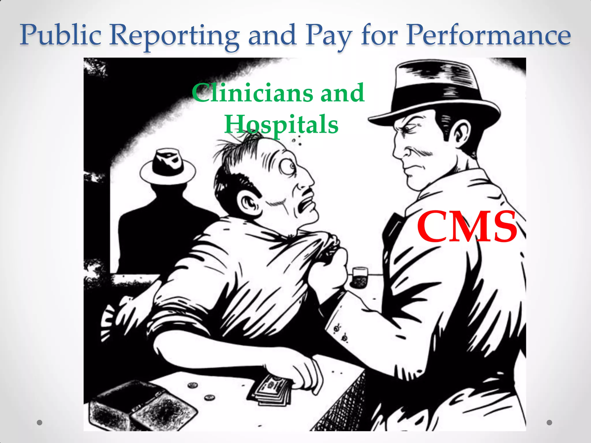Public Reporting and Pay for Performance
Clinicians and
Hospitals
CMS
 