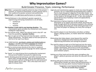 Why Improvisation Games?
                          Build Greater Presence, Team, Listening, Performance
What it is – a preparation (used by actors) to stay in the present   Ingenuity and inventiveness appear to meet any crises the game
    moment, to connect to themselves, to their partner and to             presents, for it is understood during playing that a player is
    their audience for greater presence and authenticity                  free to reach the game’s objective in any style chosen. As
What it isn’t – it is not improv performance or comedy                    long as we abide by rules of the game, we may swing, stand
                                                                          on our heads or fly through the air. In fact, any unusual or
Talented behavior is the individual’s greater capacity to                 extraordinary way of playing is loved and applauded by
      experiencing and having involvement is on all levels:               fellow players.
        – Intellectual                                               The importance of group response, in which players see
                                                                          themselves as an organic part of the whole, becoming one
        – Physical                                                        body through which all are directly involved in the outcome
        – Intuitive                                                       of the playing. Becoming part of the whole generates trust
The intuitive is most vital to any learning situation. The                and frees the player for playing, the many then acting as
      improvisation game provides the involvement and freedom             one.
      needed for experiencing.
You shut off the mind. When the rational mind is shut off – we       The need for players to see themselves and others as fellow
      have the possibility of greater intuition.                          players, playing as peers, no matter what their individual
                                                                          ability.
The idea is to get out of the head and into the space – and this
      allows spontaneity. The game seeks to free each person to
      feel his or her own true nature.                               Eliminating roles helps players move beyond the need for
                                                                           approval or disapproval which distracts them from
                                                                           experiencing themselves and solving the problem.
In our daily business, we dissect, analyze and intellectualize or
      develop a valuable case history and then we need to
      communicate our ideas and our solutions physically.            The need for players to get out of the head and into the space,
                                                                          free of restricted response of established behavior, which
In order to communicate directly to the client or audience                inhibits spontaneity, and to focus on the actual field –
      effectively through physical language the whole organism            SPACE- upon which the playing (energy exchange) takes
      needs to be alert.                                                  place between players.
The “game” is a natural group form providing the involvement
     and personal freedom necessary for experiencing.                Getting out of the head and into the space strengthens the
                                                                          player’s ability to perceive and sense the new with the full
Games develop personal techniques and skills necessary for the            body.
     game itself, through playing. Skills are developed at the
     very moment a person is having all the fun and excitement
     playing a game has to offer – this is the exact time one is     Working with games shows that this living, organic, non-
     open to receive them.                                               authoritarian climate can inform the learning process, in
                                                                         fact, is the only way which intuitive freedom can grow.
                                                                                  "Imagination is more important than knowledge."
                                                                                      "The only real valuable thing is intuition."
                                                                                                                      -Albert Einstein
 