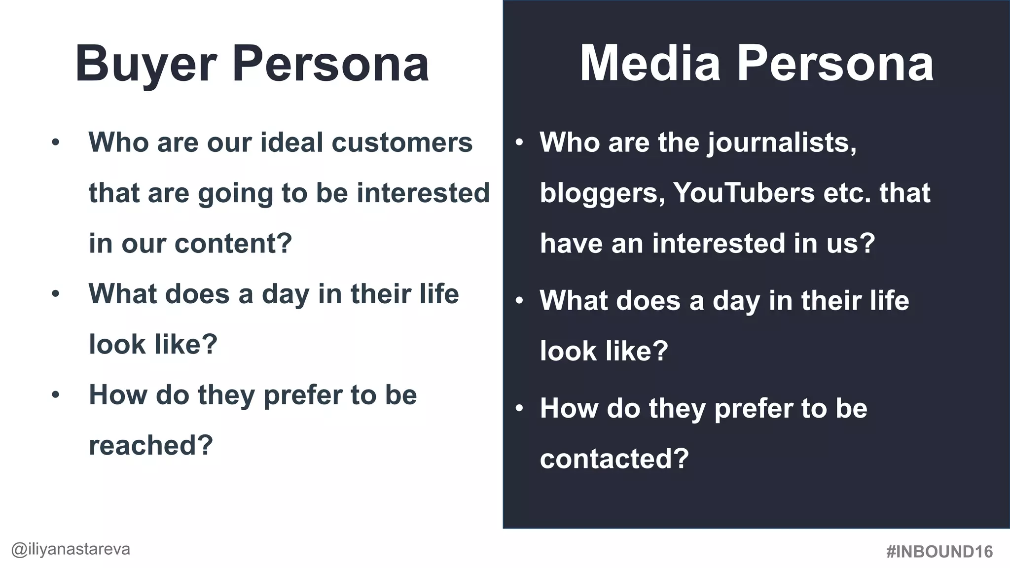 #INBOUND16
• Who are our ideal customers
that are going to be interested
in our content?
• What does a day in their life
look like?
• How do they prefer to be
reached?
Buyer Persona Media Persona
• Who are the journalists,
bloggers, YouTubers etc. that
have an interested in us?
• What does a day in their life
look like?
• How do they prefer to be
contacted?
@iliyanastareva
 