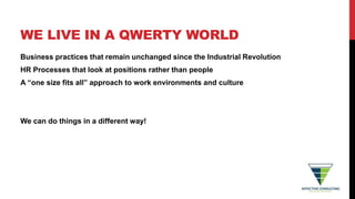 WE LIVE IN A QWERTY WORLD
Business practices that remain unchanged since the Industrial Revolution
HR Processes that look at positions rather than people
A “one size fits all” approach to work environments and culture
We can do things in a different way!
 
