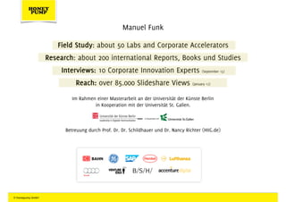 Field Study: about 50 Labs and Corporate Accelerators
Research: about 200 international Reports, Books und Studies
Intervi...