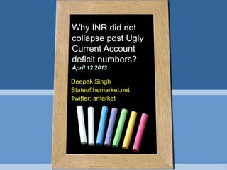Why INR did not
collapse post Ugly
Current Account
deficit numbers?
April 12 2013

Deepak Singh
Stateofthemarket.net
Twitter: smarket
 