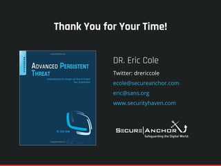Thank You for Your Time!
DR. Eric Cole
Twitter: drericcole
ecole@secureanchor.com
eric@sans.org
www.securityhaven.com
 