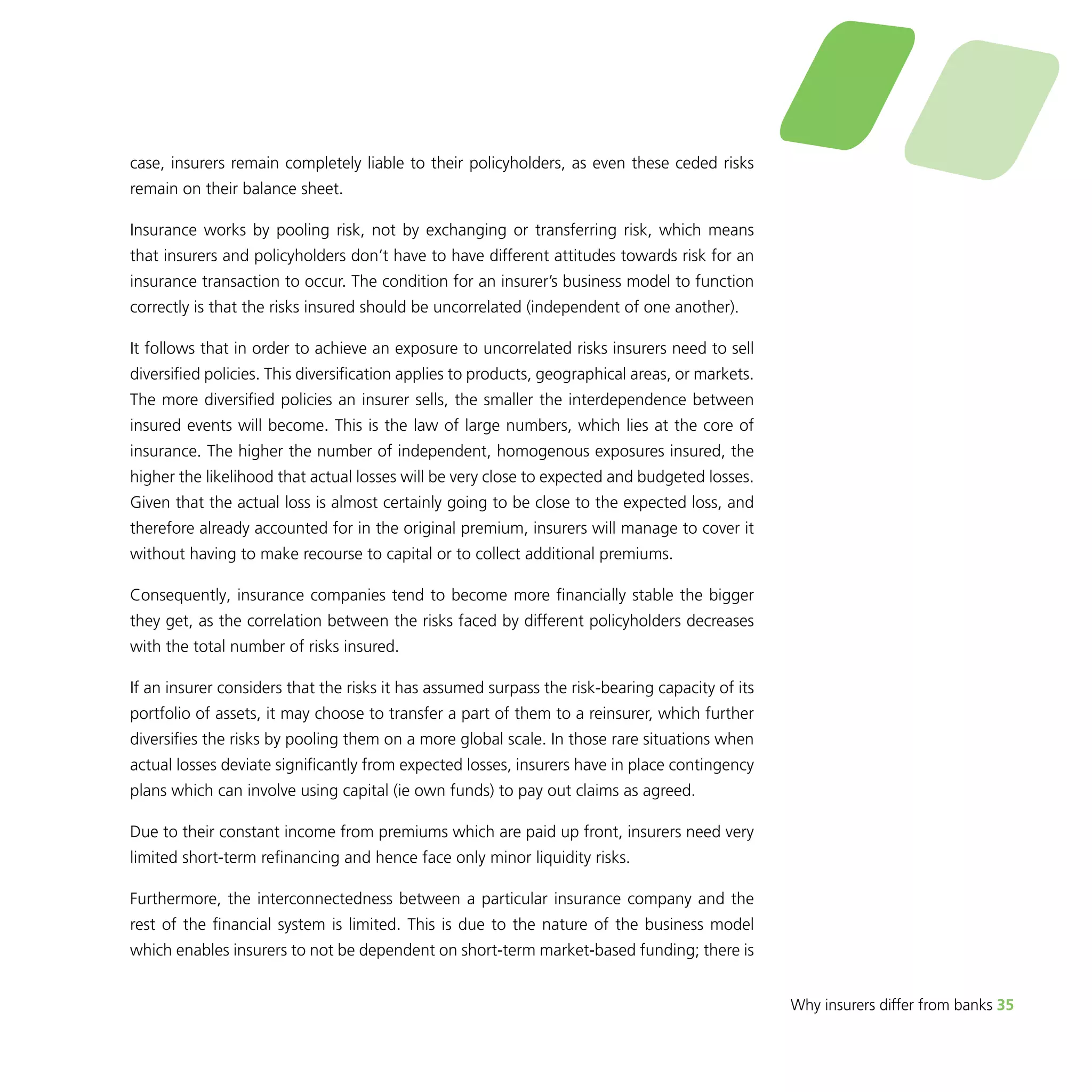 Why insurers differ from banks 35 
case, insurers remain completely liable to their policyholders, as even these ceded risks 
remain on their balance sheet. 
Insurance works by pooling risk, not by exchanging or transferring risk, which means 
that insurers and policyholders don’t have to have different attitudes towards risk for an 
insurance transaction to occur. The condition for an insurer’s business model to function 
correctly is that the risks insured should be uncorrelated (independent of one another). 
It follows that in order to achieve an exposure to uncorrelated risks insurers need to sell 
diversified policies. This diversification applies to products, geographical areas, or markets. 
The more diversified policies an insurer sells, the smaller the interdependence between 
insured events will become. This is the law of large numbers, which lies at the core of 
insurance. The higher the number of independent, homogenous exposures insured, the 
higher the likelihood that actual losses will be very close to expected and budgeted losses. 
Given that the actual loss is almost certainly going to be close to the expected loss, and 
therefore already accounted for in the original premium, insurers will manage to cover it 
without having to make recourse to capital or to collect additional premiums. 
Consequently, insurance companies tend to become more financially stable the bigger 
they get, as the correlation between the risks faced by different policyholders decreases 
with the total number of risks insured. 
If an insurer considers that the risks it has assumed surpass the risk-bearing capacity of its 
portfolio of assets, it may choose to transfer a part of them to a reinsurer, which further 
diversifies the risks by pooling them on a more global scale. In those rare situations when 
actual losses deviate significantly from expected losses, insurers have in place contingency 
plans which can involve using capital (ie own funds) to pay out claims as agreed. 
Due to their constant income from premiums which are paid up front, insurers need very 
limited short-term refinancing and hence face only minor liquidity risks. 
Furthermore, the interconnectedness between a particular insurance company and the 
rest of the financial system is limited. This is due to the nature of the business model 
which enables insurers to not be dependent on short-term market-based funding; there is 
 
