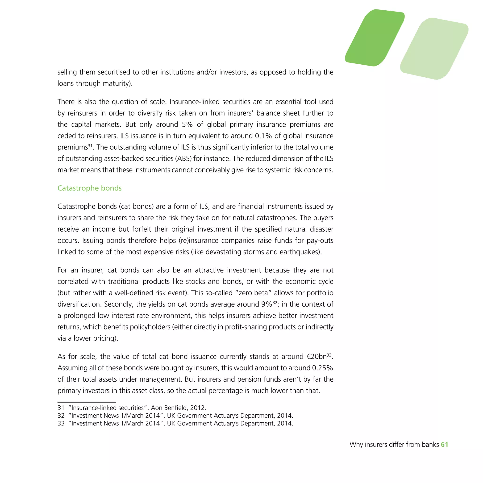 Why insurers differ from banks 61 
selling them securitised to other institutions and/or investors, as opposed to holding the 
loans through maturity). 
There is also the question of scale. Insurance-linked securities are an essential tool used 
by reinsurers in order to diversify risk taken on from insurers’ balance sheet further to 
the capital markets. But only around 5% of global primary insurance premiums are 
ceded to reinsurers. ILS issuance is in turn equivalent to around 0.1% of global insurance 
premiums31. The outstanding volume of ILS is thus significantly inferior to the total volume 
of outstanding asset-backed securities (ABS) for instance. The reduced dimension of the ILS 
market means that these instruments cannot conceivably give rise to systemic risk concerns. 
Catastrophe bonds 
Catastrophe bonds (cat bonds) are a form of ILS, and are financial instruments issued by 
insurers and reinsurers to share the risk they take on for natural catastrophes. The buyers 
receive an income but forfeit their original investment if the specified natural disaster 
occurs. Issuing bonds therefore helps (re)insurance companies raise funds for pay-outs 
linked to some of the most expensive risks (like devastating storms and earthquakes). 
For an insurer, cat bonds can also be an attractive investment because they are not 
correlated with traditional products like stocks and bonds, or with the economic cycle 
(but rather with a well-defined risk event). This so-called “zero beta” allows for portfolio 
diversification. Secondly, the yields on cat bonds average around 9%32; in the context of 
a prolonged low interest rate environment, this helps insurers achieve better investment 
returns, which benefits policyholders (either directly in profit-sharing products or indirectly 
via a lower pricing). 
As for scale, the value of total cat bond issuance currently stands at around €20bn33. 
Assuming all of these bonds were bought by insurers, this would amount to around 0.25% 
of their total assets under management. But insurers and pension funds aren’t by far the 
primary investors in this asset class, so the actual percentage is much lower than that. 
31 “Insurance-linked securities”, Aon Benfield, 2012. 
32 “Investment News 1/March 2014”, UK Government Actuary’s Department, 2014. 
33 “Investment News 1/March 2014”, UK Government Actuary’s Department, 2014. 
 