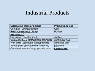 Industrial Products

Originating plant or animal             Product/End use
Cork oak (Quercus suber)                Cork
PARē RUBBER TREE (HEVEA                 Rubber
BRASILIENSIS)
Lac insect (Laccifer spp.)              shellac
CARNAUBA PALM (COPERNICIA CERIFERA)     CARNAUBA WAX
Wax plant (Euphorbia antisyphilitica)   candelilla wax
Jojoba plant (Simmondsia chinensis)     jojoba oil
Cochineal insect (Dactylopius coccus)   CARMINE DYE *
 