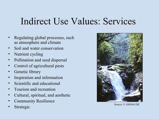 Indirect Use Values: Services
•   Regulating global processes, such
    as atmosphere and climate
•   Soil and water conservation
•   Nutrient cycling
•   Pollination and seed dispersal
•   Control of agricultural pests
•   Genetic library
•   Inspiration and information
•   Scientific and educational
•   Tourism and recreation
•   Cultural, spiritual, and aesthetic
•   Community Resilience
                                         Source: © AMNH-CBC
•   Strategic
 