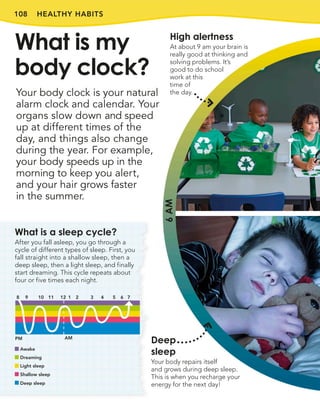 108 HEALTHY HABITS
Your body clock is your natural
alarm clock and calendar. Your
organs slow down and speed
up at different times of the
day, and things also change
during the year. For example,
your body speeds up in the
morning to keep you alert,
and your hair grows faster
in the summer.
What is my
body clock?
What is a sleep cycle?
After you fall asleep, you go through a
cycle of different types of sleep. First, you
fall straight into a shallow sleep, then a
deep sleep, then a light sleep, and finally
start dreaming. This cycle repeats about
four or five times each night.
8 9 10 11 12 1 2 3 4 5 6 7
Awake
Dreaming
Light sleep
Shallow sleep
Deep sleep
PM AM
6
AM
High alertness
At about 9 am your brain is
really good at thinking and
solving problems. It’s
good to do school
work at this
time of
the day.
Deep
sleep
Your body repairs itself
and grows during deep sleep.
This is when you recharge your
energy for the next day!
 