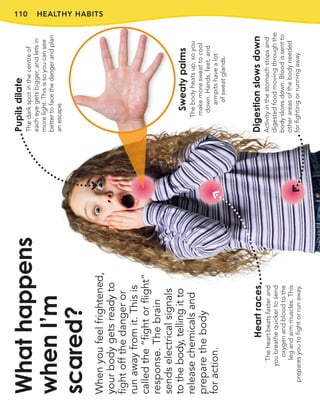 110 HEALTHY HABITS
When
you
feel
frightened,
your
body
gets
ready
to
fight
off
the
danger
or
run
away
from
it.
This
is
called
the
“fight
or
flight”
response.
The
brain
sends
electrical
signals
to
the
body,
telling
it
to
release
chemicals
and
prepare
the
body
for
action.
What
happens
when
I’m
scared?
Sweaty
palms
The
body
heats
up,
so
you
make
more
sweat
to
cool
down.
Hands,
feet,
and
armpits
have
a
lot
of
sweat
glands.
Digestion
slows
down
Activity
in
the
stomach
stops
and
digested
food
moving
through
the
body
slows
down.
Blood
is
sent
to
other
areas
of
the
body
needed
for
fighting
or
running
away.
Heart
races
The
heart
beats
faster
and
you
breathe
quicker
to
send
oxygen
and
blood
to
the
leg
and
arm
muscles.
This
prepares
you
to
fight
or
run
away.
Pupils
dilate
The
dark
spot
in
the
centre
of
each
eye
gets
bigger,
and
lets
in
more
light.
This
is
so
you
can
see
better
to
face
the
danger
and
plan
an
escape.
 