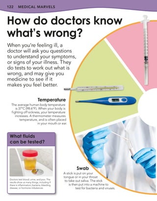 122
When you’re feeling ill, a
doctor will ask you questions
to understand your symptoms,
or signs of your illness. They
do tests to work out what is
wrong, and may give you
medicine to see if it
makes you feel better.
How do doctors know
what’s wrong?
Temperature
The average human body temperature
is 37°C (98.6°F). When your body is
fighting off sickness, your temperature
increases. A thermometer measures
temperature, and is often placed
in your mouth or ear.
Swab
A stick is put on your
tongue or in your throat
to take out saliva. The stick
is then put into a machine to
test for bacteria and viruses.
What fluids
can be tested?
Doctors test blood, urine, and poo. The
results show us many things, including if
there is inflammation, bacteria, bleeding,
disease, or hormone imbalances.
MEDICAL MARVELS
 