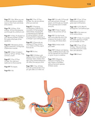 133
Page 77 1) Yes. When you eat
or drink very fast you swallow
more air than if you eat slowly.
2) Eructation.
Page 79 1) A fetus. 2) An
embryo. 3) From the placenta
and through the umbilical cord.
Page 81 1) False. It’s thickest on
your elbows and feet. 2) False.
It’s made at the base of the
epidermis.
Page 83 1) Receptors send a
signal to the brain. 2) They fold.
3) Sphincter muscles.
Page 85 1) False. It makes it
stand up. 2) True. 3) False. They
contract, or pull.
Page 87 1) True. 2) True.
3) False. You raise your
eyebrows to show surprise.
Page 89 The stapes.
Page 93 In fat.
Page 94 1) True. 2) True.
3) False. You use up calories
when you exercise.
Page 97 1) Practising
mindfulness or talking to a
counsellor. 2) Having good
relationships, enjoying life,
or expressing your feelings.
3) Losing interest in things,
having problems sleeping, or
a change in your eating pattern.
Page 99 1) Chemicals are
released. 2) They connect
us to others and they signal
how we are.
Page 101 A virus.
Page 103 1) Children with
dyslexia find it more difficult to
read than other children their
age. 2) Your family’s behaviour
can affect the way you think.
Page 104 1) True. 2) False.
Your skin produces less oil as
you get older, so it dries out.
Page 107 1) In cells. 2) Through
your pee and poo, through
sweat, and through your breath.
3) You pee less and in smaller
amounts.
Page 109 1) False. It grows
faster in the summer. 2) True.
Page 111 1) In the hands,
feet, and under the arms. 2) It
prepares the body to fight
or run away. 3) It slows down.
Page 115 b) Holes inside
your teeth.
Page 117 1) Attack and destroy
viruses. 2) White blood cells. 3) It
can be injected into your blood
or given to you to swallow.
Page 119 1) Magnetic
resonance imaging. 2) To
see if there is a problem
without having to operate.
3) Radio waves.
Page 121 1) True. 2) True.
Washing your hands is a
great way to kill bacteria.
Page 123 1) 37°C (98.6°F).
2) Diagnosis. 3) A stethoscope.
Page 125 In the uterus as
it’s an early embryo.
Page 127 1) False. It is outside
the visible spectrum of light,
so it is invisible. 2) True.
Page 129 1) True. 2) True.
3) False. They are remote-
controlled and can’t make
their own decisions.
Page 130 A heart.
 