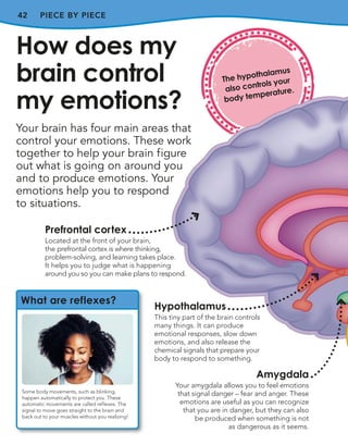 42
Your brain has four main areas that
control your emotions. These work
together to help your brain figure
out what is going on around you
and to produce emotions. Your
emotions help you to respond
to situations.
How does my
brain control
my emotions?
Prefrontal cortex
Located at the front of your brain,
the prefrontal cortex is where thinking,
problem-solving, and learning takes place.
It helps you to judge what is happening
around you so you can make plans to respond.
Hypothalamus
This tiny part of the brain controls
many things. It can produce
emotional responses, slow down
emotions, and also release the
chemical signals that prepare your
body to respond to something.
Amygdala
Your amygdala allows you to feel emotions
that signal danger – fear and anger. These
emotions are useful as you can recognize
that you are in danger, but they can also
be produced when something is not
as dangerous as it seems.
PIECE BY PIECE
What are reflexes?
Some body movements, such as blinking,
happen automatically to protect you. These
automatic movements are called reflexes. The
signal to move goes straight to the brain and
back out to your muscles without you realizing!
The hypothalamus
also controls your
body temperature.
 
