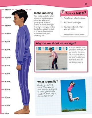 69
10 cm
0 cm
20 cm
30 cm
40 cm
50 cm
60 cm
70 cm
80 cm
90 cm
100 cm
110 cm
120 cm
130 cm
In the morning
You wake up taller after
sleeping because your
muscles relax and
your spine extends
out to its normal length.
Gravity keeps you on the
bed when sleeping, but
it doesn’t shorten your
spine because you
are lying flat.
What is gravity?
Gravity is a pulling
force. When you use
your muscles and joints
to jump, gravity pulls
you back down so you
do not float away!
Why do we shrink as we age?
As you get older, the bones
in your spine get smaller and
the cartilage in your discs
gets worn out. This means
that the cartilage takes up
less space and you shrink in
size. When you shrink, your
spine bends, which can
make you look hunched
over when you stand up.
True or false?
?
See pages 132–133 for the answers
1. People get taller in space.
2. You shrink overnight.
3. Your spine bends when
you get older.
 