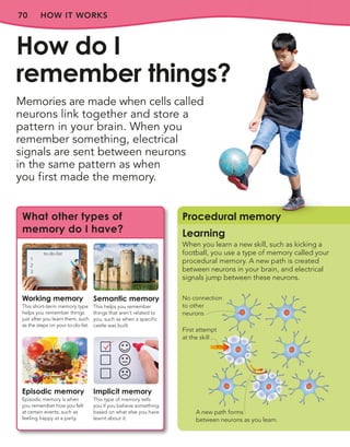 HOW IT WORKS
70
Memories are made when cells called
neurons link together and store a
pattern in your brain. When you
remember something, electrical
signals are sent between neurons
in the same pattern as when
you first made the memory.
How do I
remember things?
Learning
When you learn a new skill, such as kicking a
football, you use a type of memory called your
procedural memory. A new path is created
between neurons in your brain, and electrical
signals jump between these neurons.
First attempt
at the skill
A new path forms
between neurons as you learn.
No connection
to other
neurons
What other types of
memory do I have?
Working memory
This short-term memory type
helps you remember things
just after you learn them, such
as the steps on your to-do-list.
Semantic memory
This helps you remember
things that aren’t related to
you, such as when a specific
castle was built.
Episodic memory
Episodic memory is when
you remember how you felt
at certain events, such as
feeling happy at a party.
Implicit memory
This type of memory tells
you if you believe something
based on what else you have
learnt about it.
to-do-list
1
2
3
Procedural memory
 