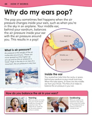 88 HOW IT WORKS
The pop you sometimes feel happens when the air
pressure changes inside your ears, such as when you’re
in the sky in an airplane. Your middle ear,
behind your eardrum, balances
the air pressure inside your ear
with the air pressure around
you. This results in a pop!
Why do my ears pop?
How do you balance the air in your ears?
Yawning
When you yawn, air moves
from your mouth into the
middle ear, through the
eustachian tube. This
makes the air inside the
ear the same pressure
as the air outside.
Swallowing
When you swallow, the
eustachian tube opens
and air enters the middle
ear. This balances the air
pressure inside and
outside the ear.
Outer ear
Eustachian tube
Middle ear
Inside the ear
Your eustachian tube links the cavity, or space,
behind your eardrum to your mouth and nose.
When the tube opens, air flows into the middle
ear from your throat. This flow of air helps to
balance the air pressure in your ear.
What is air pressure?
Air pressure is the weight of the air
molecules around you. These are
more spread out the higher up
you go and so the air pressure is
lower. High in the sky or on top of a
mountain, the air pressure is very low.
Inner ear
 