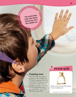 89
The eustachian
tube also drains
fluid away from
the middle ear.
?
What is the name of this bone
in the middle ear?
See pages 132–133 for the answers
Picture quiz
Popping ears
The air inside your ears is
trapped in the middle ear.
The pop happens when the
air pressure inside your ear
changes to match the air
pressure outside. This pop
can be quite painful for
young children, but hurts
less as you get older.
 