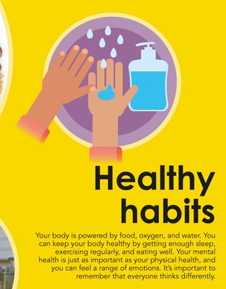 Your body is powered by food, oxygen, and water. You
can keep your body healthy by getting enough sleep,
exercising regularly, and eating well. Your mental
health is just as important as your physical health, and
you can feel a range of emotions. It’s important to
remember that everyone thinks differently.
Healthy
habits
 