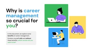 In this document, we explore some
benefits of career management.
Envision yourself with and without
these benefits, which version do you
want to be?
Why is career
management
so crucial for
you?
 