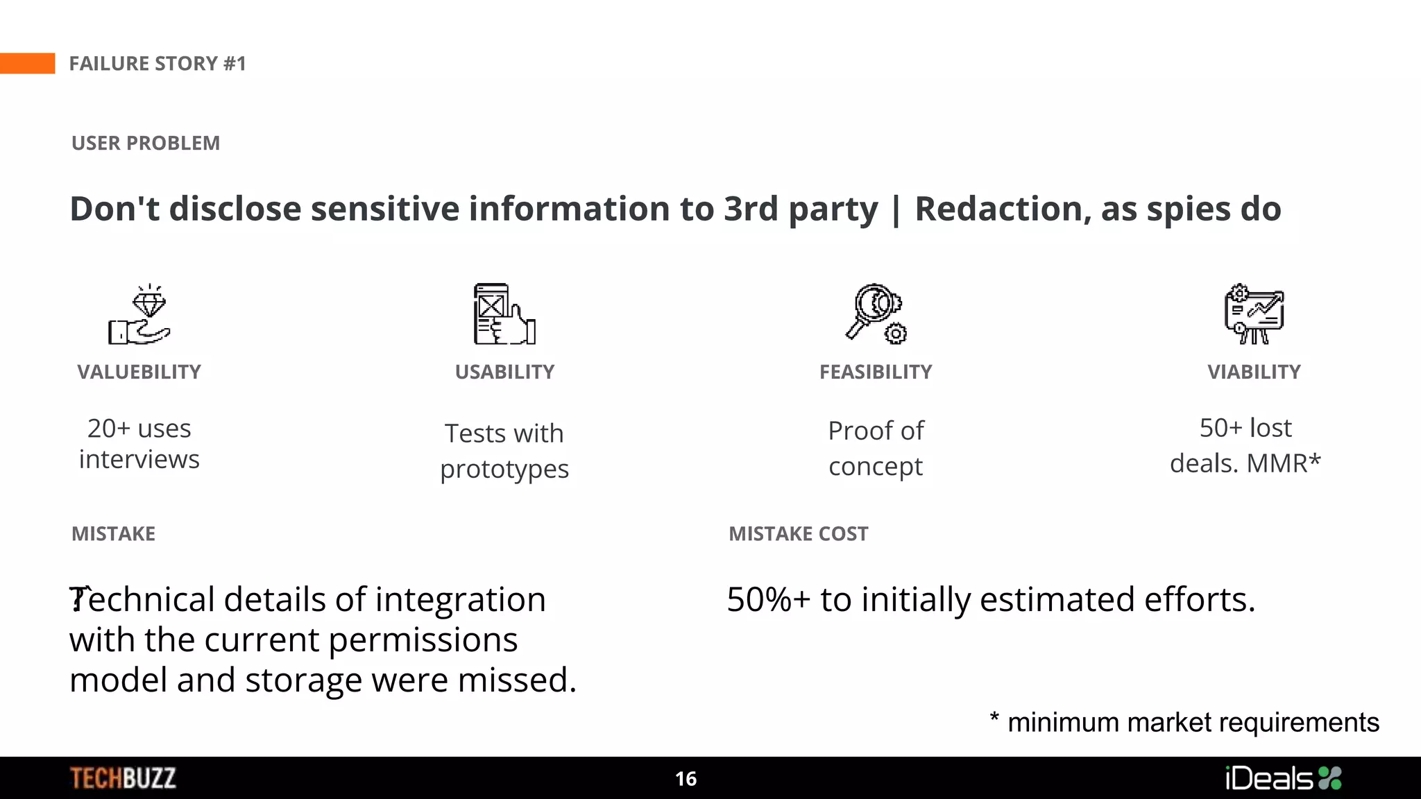 Technical details of integration
with the current permissions
model and storage were missed.
MISTAKE MISTAKE COST
50%+ to initially estimated efforts.
?`
FAILURE STORY #1
3
16
USER PROBLEM
Don't disclose sensitive information to 3rd party | Redaction, as spies do
VALUEBILITY USABILITY FEASIBILITY VIABILITY
20+ uses
interviews
Tests with
prototypes
Proof of
concept
50+ lost
deals. MMR*
* minimum market requirements
 