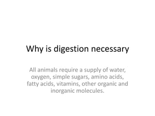 Why is digestion necessary

 All animals require a supply of water,
  oxygen, simple sugars, amino acids,
fatty acids, vitamins, other organic and
          inorganic molecules.
 