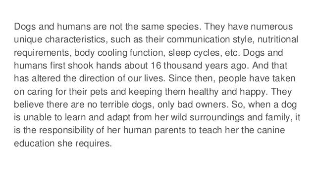 Dogs and humans are not the same species. They have numerous
unique characteristics, such as their communication style, nutritional
requirements, body cooling function, sleep cycles, etc. Dogs and
humans first shook hands about 16 thousand years ago. And that
has altered the direction of our lives. Since then, people have taken
on caring for their pets and keeping them healthy and happy. They
believe there are no terrible dogs, only bad owners. So, when a dog
is unable to learn and adapt from her wild surroundings and family, it
is the responsibility of her human parents to teach her the canine
education she requires.
 