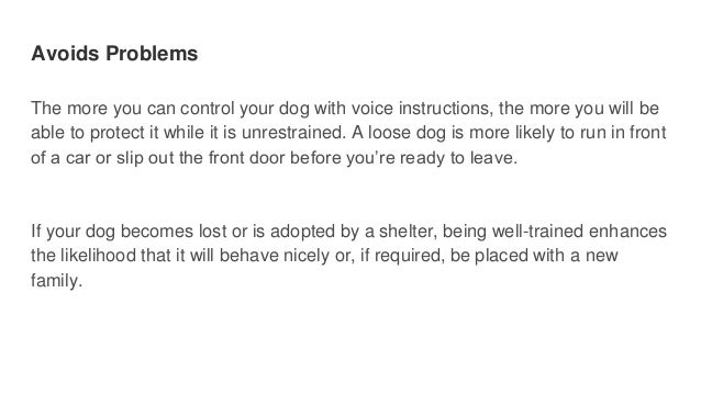 Avoids Problems
The more you can control your dog with voice instructions, the more you will be
able to protect it while it is unrestrained. A loose dog is more likely to run in front
of a car or slip out the front door before you’re ready to leave.
If your dog becomes lost or is adopted by a shelter, being well-trained enhances
the likelihood that it will behave nicely or, if required, be placed with a new
family.
 