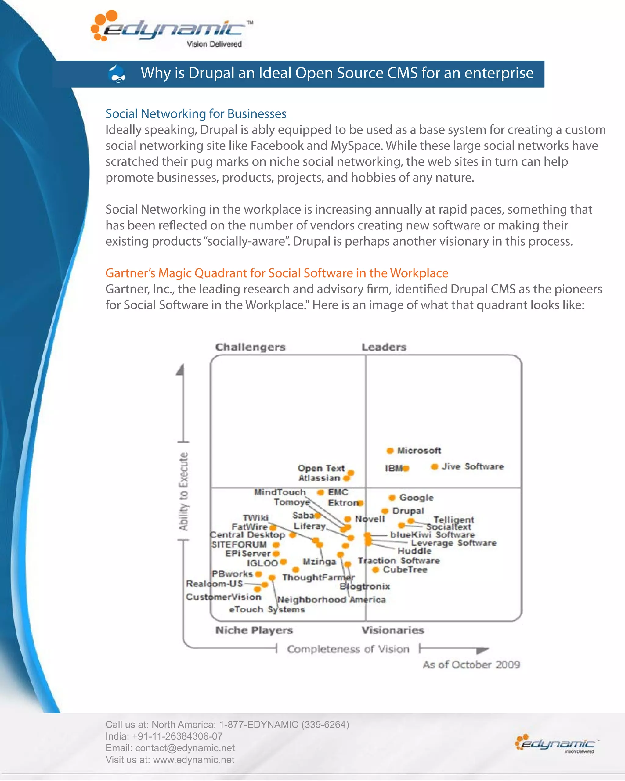 Why is Drupal an Ideal Open Source CMS for an enterprise

Social Networking for Businesses
Ideally speaking, Drupal is ably equipped to be used as a base system for creating a custom
social networking site like Facebook and MySpace. While these large social networks have
scratched their pug marks on niche social networking, the web sites in turn can help
promote businesses, products, projects, and hobbies of any nature.

Social Networking in the workplace is increasing annually at rapid paces, something that
has been re ected on the number of vendors creating new software or making their
existing products “socially-aware”. Drupal is perhaps another visionary in this process.

Gartner’s Magic Quadrant for Social Software in the Workplace
Gartner, Inc., the leading research and advisory rm, identi ed Drupal CMS as the pioneers
for Social Software in the Workplace." Here is an image of what that quadrant looks like:




Call us at: North America: 1-877-EDYNAMIC (339-6264)
India: +91-11-26384306-07
Email: contact@edynamic.net
Visit us at: www.edynamic.net
 