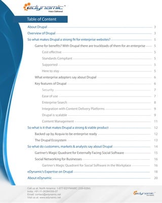 Table of Content
About Drupal -- - - ------------------------------------------------------ - - - - - - - - - - - - - - - - - - - - - - - - - - - - - - - - - - - - - - - - - - - - - - - - 3
Overview of Drupal -------------------------------------------------- - - - - - - - - - - - - - - - - - - - - - - - - - - - - - - - - - - - - - - - - - - - - - - - 3
So what makes Drupal a strong t for enterprise websites? ----------------------------------------------- 5
         Game for bene ts? With Drupal there are truckloads of them for an enterprise ------- 5
                   Cost e ective -------------------------------------------------------------------------------------------------------- 5
                   Standards Compliant ------------------------------------------------------------------------------------------- 5
                   Supported ------------------------------------------------------------------------------------------------------------ 5
                   Here to stay ---------------------------------------------------------------------------------------------------------- 5
         What enterprise adopters say about Drupal --------------------------------------------------------------- 6
         Key features of Drupal ------------------------------------------------------------------------------------------------- 6
                   Security ---------------------------------------------------------------------------------------------------------------                              7
                   Ease of use ----------------------------------------------------------------------------------------------------------- 7
                   Enterprise Search ------------------------------------------------------------------------------------------------ 8
                   Integration with Content Delivery Platforms ----------------------------------------------------- 9
                   Drupal is scalable ------------------------------------------------------------------------------------------------ 9
                   Content Management ---------------------------------------------------------------------------------------- 11
So what is it that makes Drupal a strong & viable product ------------------------------------------------ 12
         Backed up by Acquia to be enterprise ready -------------------------------------------------------------                                                        12
         The Drupal Ecosystem ------------------------------------------------------------------------------------------------                                           13
So what do customers, markets & analysts say about Drupal -------------------------------------------                                                                    14
         Gartner’s Magic Quadrant for Externally Facing Social Software ------------------------------                                                                   15
         Social Networking for Businesses ------------------------------------------------------------------------------                                                 16
                   Gartner’s Magic Quadrant for Social Software in the Workplace ---------------------                                                                   16
eDynamic’s Expertise on Drupal ----------------------------------------------------------------------------------------                                                  18
About eDynamic -----------------------------------------------------------------------------------------------------------------                                         20

Call us at: North America: 1-877-EDYNAMIC (339-6264)
India: +91-11-26384306-07
Email: contact@edynamic.net
Visit us at: www.edynamic.net
 