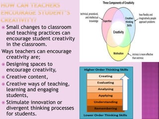  Classroom environments &
teaching practices
 Designing spaces to
encourage creativity,
 Creative content or
resources
 Creative ways of teaching,
learning and engaging
students
 Stimulate innovation,
problem solving & divergent
thinking processes for
students.
 Use ICT creatively
 