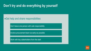 Don’t try and do everything by yourself
Get help and share responsibilities
Don’t leave one person with sole responsibility
Involve procurement team as early as possible
Work with key stakeholders from the start
 