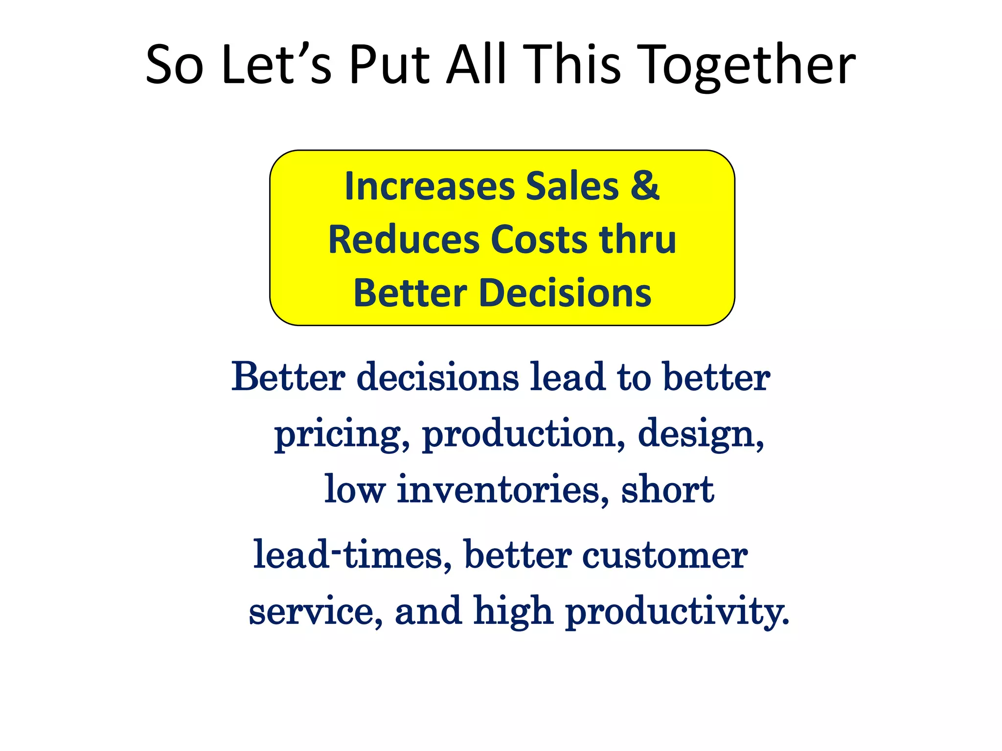 So Let’s Put All This Together
Increases Sales &
Reduces Costs thru
Better Decisions
Better decisions lead to better
pricing, production, design,
low inventories, short
lead-times, better customer
service, and high productivity.

 