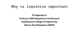Why is logistics important
Dr Nagarajan G
Professor, MBA Department and Research
RajaRajeswari College of Engineering,
Mysore Road Bengaluru-560074
 