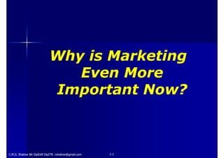 Why is Marketing
                              Even More
                           Important Now?



                                                     1-1
C.M.G. Shallow BA DipExM DipITB cshallow@gmail.com
 