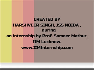 CREATED BY
HARSHVEER SINGH, JSS NOIDA ,
during
an internship by Prof. Sameer Mathur,
IIM Lucknow.
www.IIMInternship.com
 