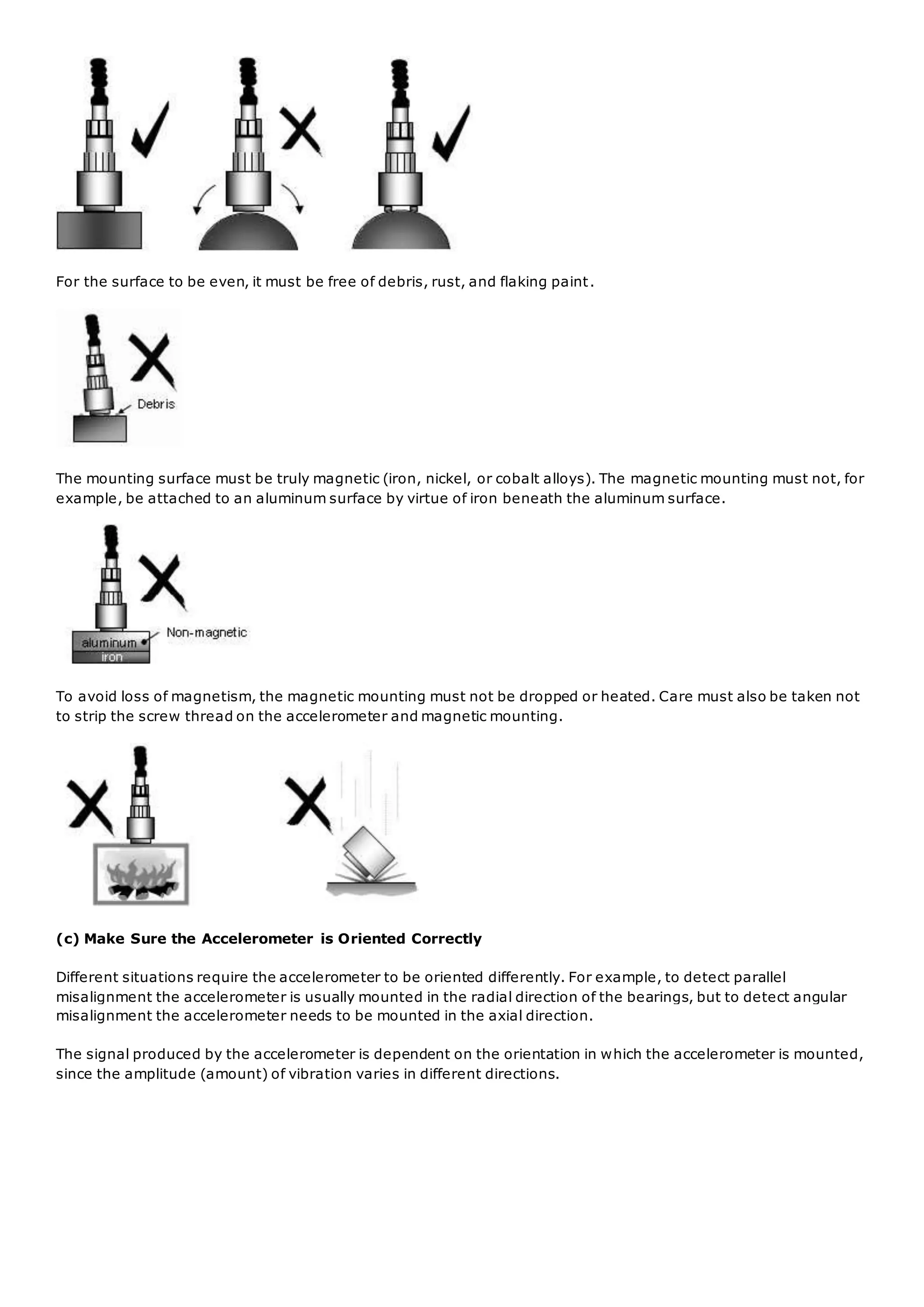 For the surface to be even, it must be free of debris, rust, and flaking paint.
The mounting surface must be truly magnetic (iron, nickel, or cobalt alloys). The magnetic mounting must not, for
example, be attached to an aluminum surface by virtue of iron beneath the aluminum surface.
To avoid loss of magnetism, the magnetic mounting must not be dropped or heated. Care must also be taken not
to strip the screw thread on the accelerometer and magnetic mounting.
(c) Make Sure the Accelerometer is Oriented Correctly
Different situations require the accelerometer to be oriented differently. For example, to detect parallel
misalignment the accelerometer is usually mounted in the radial direction of the bearings, but to detect angular
misalignment the accelerometer needs to be mounted in the axial direction.
The signal produced by the accelerometer is dependent on the orientation in which the accelerometer is mounted,
since the amplitude (amount) of vibration varies in different directions.
 